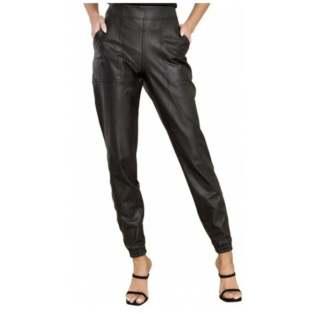 SPANX Leather Like Jogger Pants Very Black Faux Polyurethane Trousers Size M